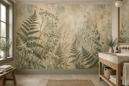 Vintage Ferns And Wildflowers Wallpaper Distressed Texture Wall Mural
