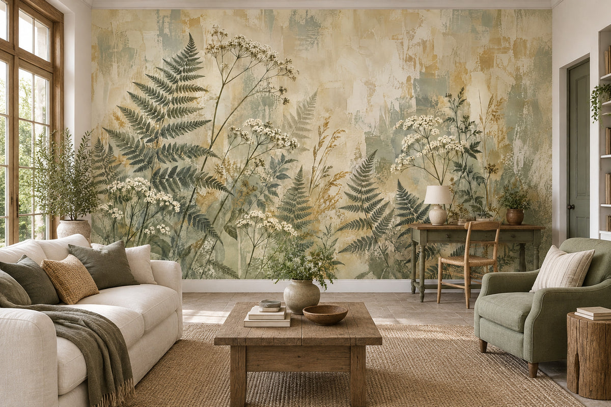 Vintage Ferns And Wildflowers Wallpaper Distressed Texture Wall Mural