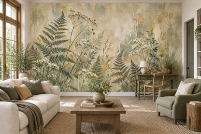 Vintage Ferns And Wildflowers Wallpaper Distressed Texture Wall Mural