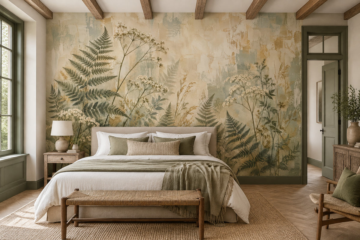 Vintage Ferns And Wildflowers Wallpaper Distressed Texture Wall Mural