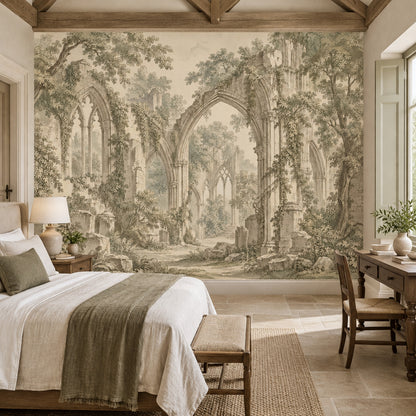 Gothic Ruins Wallpaper Sepia Landscape Wall Mural