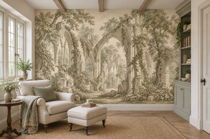Gothic Ruins Wallpaper Sepia Landscape Wall Mural