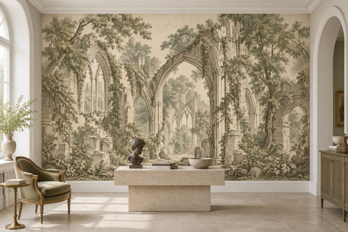 Gothic Ruins Wallpaper Sepia Landscape Wall Mural