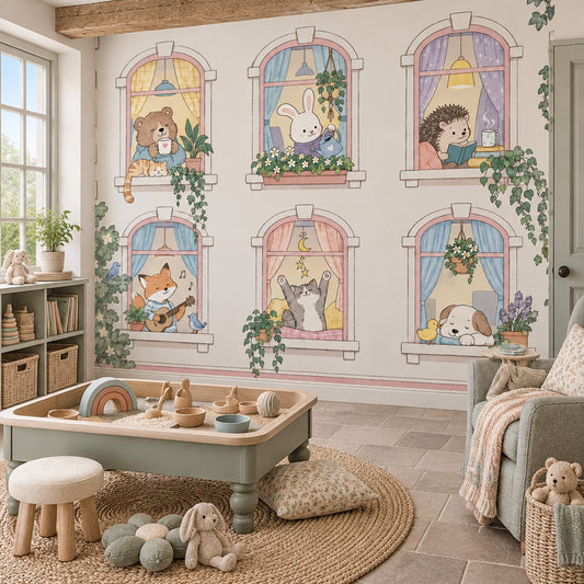 Whimsical Animals In Arched Windows Wallpaper Pastel Garden Facade Wall Mural