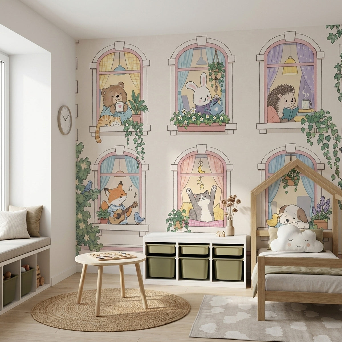 Whimsical Animals In Arched Windows Wallpaper Pastel Garden Facade Wall Mural