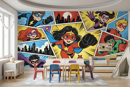 Comic Book Superhero Kids Wallpaper Colorful Action Panels Wall Mural