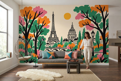Eiffel Tower Paris Wallpaper Bright French Cityscape Wall Mural