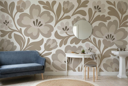 Stylized Large Flowers Wallpaper Beige Botanical Wall Mural