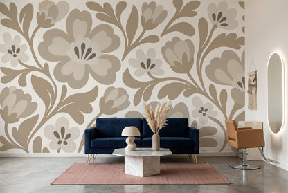Stylized Large Flowers Wallpaper Beige Botanical Wall Mural