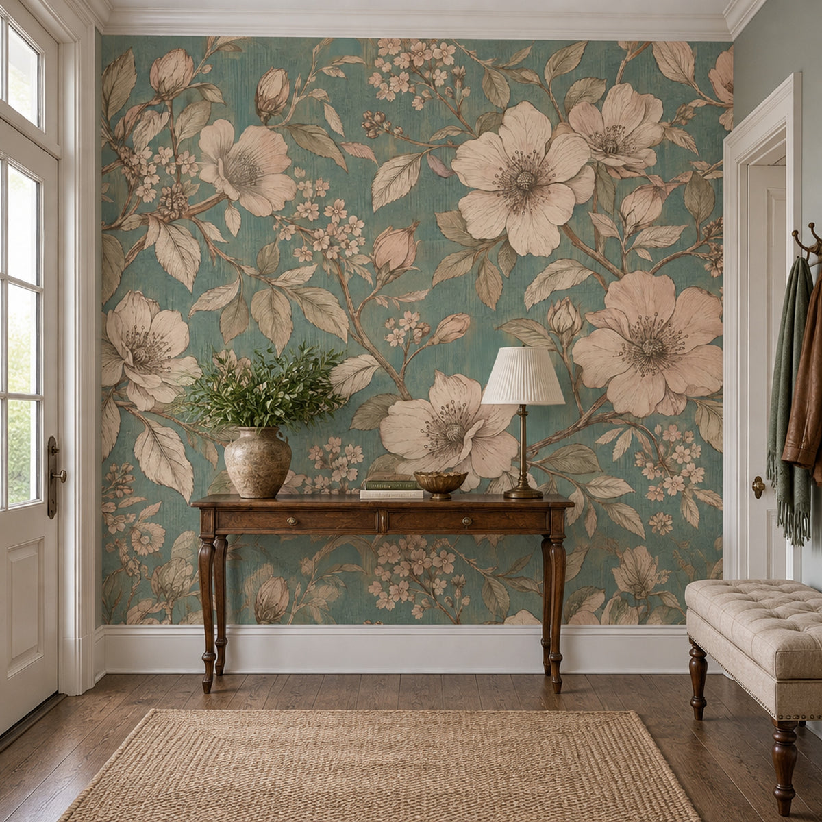 Vintage Large Blossom Wallpaper Teal Botanical Wall Mural