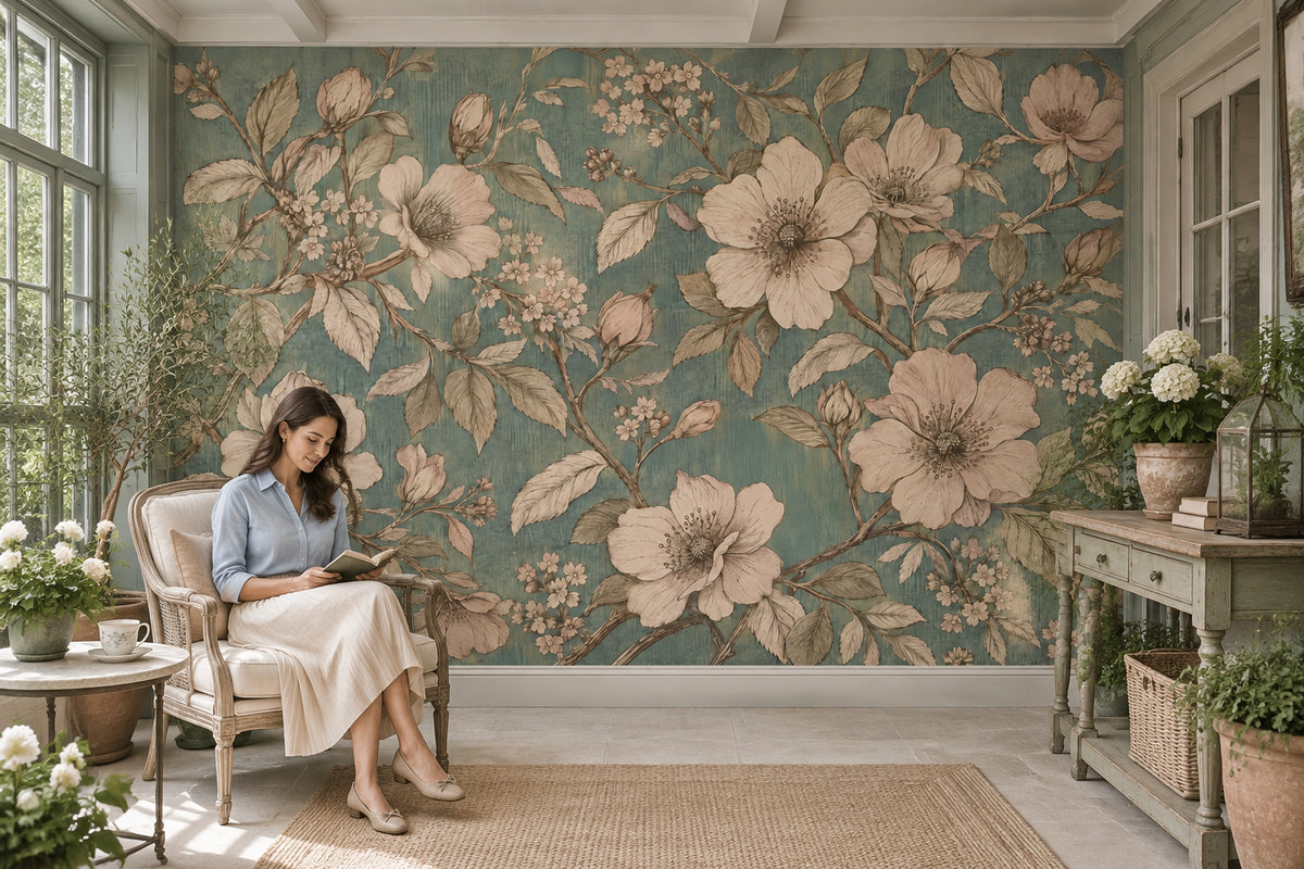 Vintage Large Blossom Wallpaper Teal Botanical Wall Mural