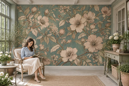 Vintage Large Blossom Wallpaper Teal Botanical Wall Mural