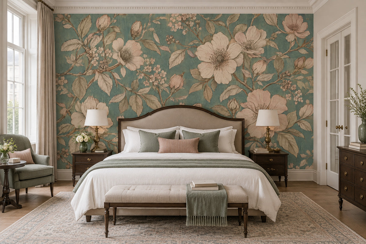 Vintage Large Blossom Wallpaper Teal Botanical Wall Mural