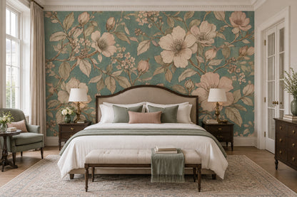 Vintage Large Blossom Wallpaper Teal Botanical Wall Mural