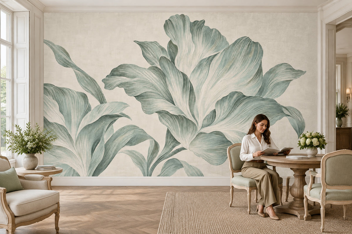 Oversized Botanical Leaves Wallpaper Sage Green Wall Mural
