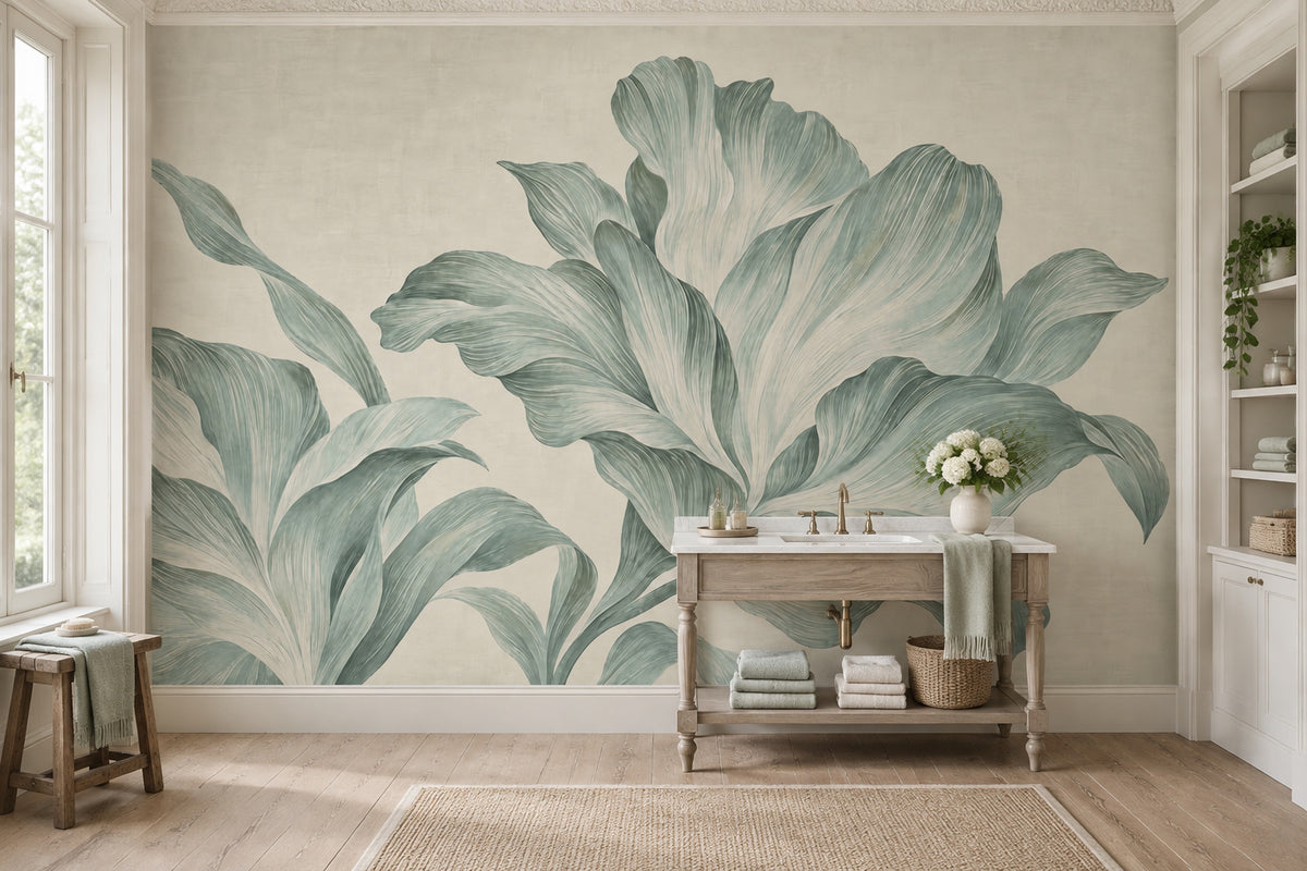 Oversized Botanical Leaves Wallpaper Sage Green Wall Mural