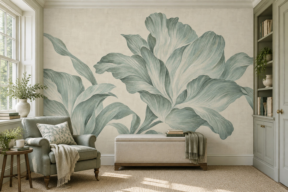 Oversized Botanical Leaves Wallpaper Sage Green Wall Mural