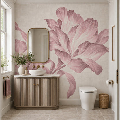 Oversized Pink Flowers Wallpaper Soft Beige Wall Mural