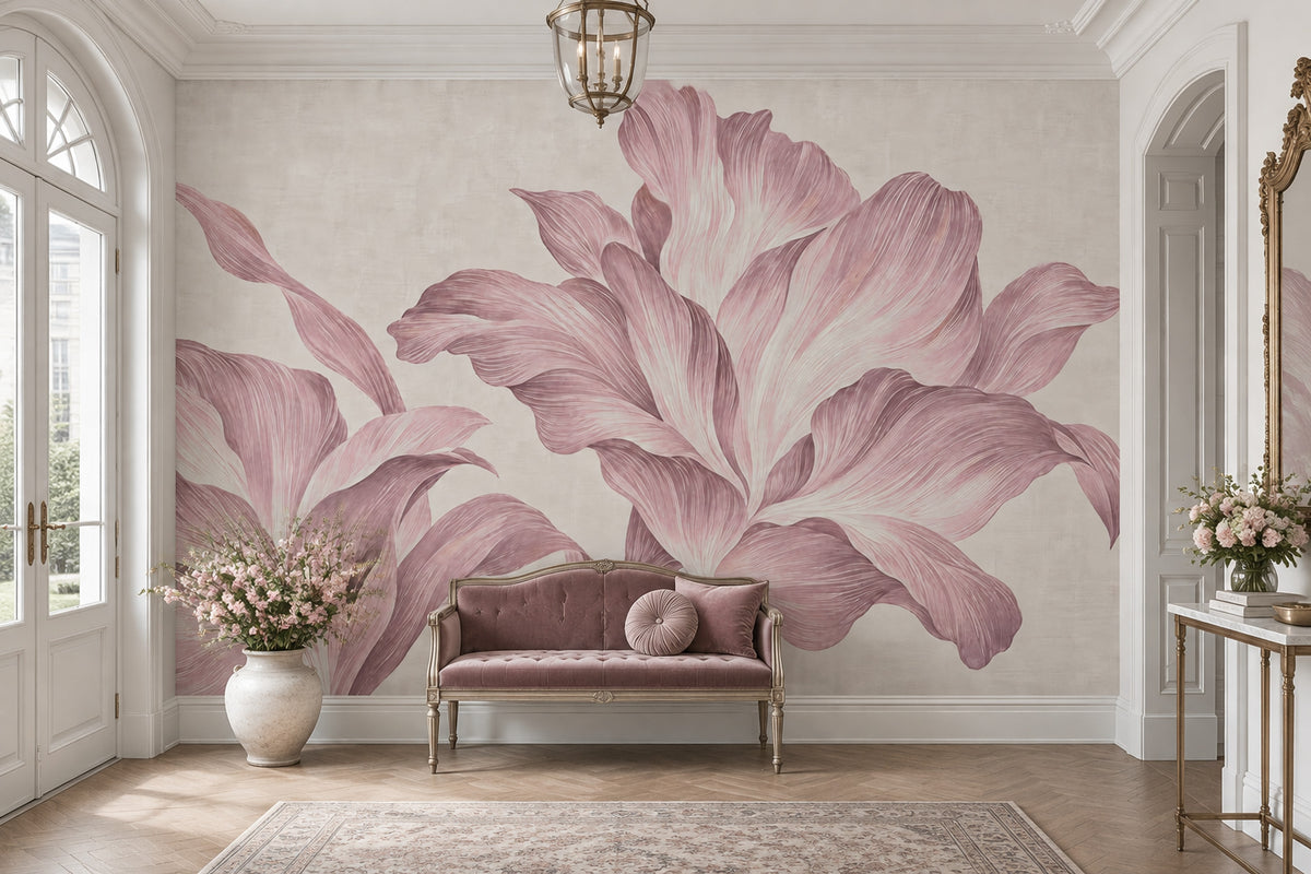 Oversized Pink Flowers Wallpaper Soft Beige Wall Mural