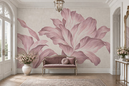 Oversized Pink Flowers Wallpaper Soft Beige Wall Mural