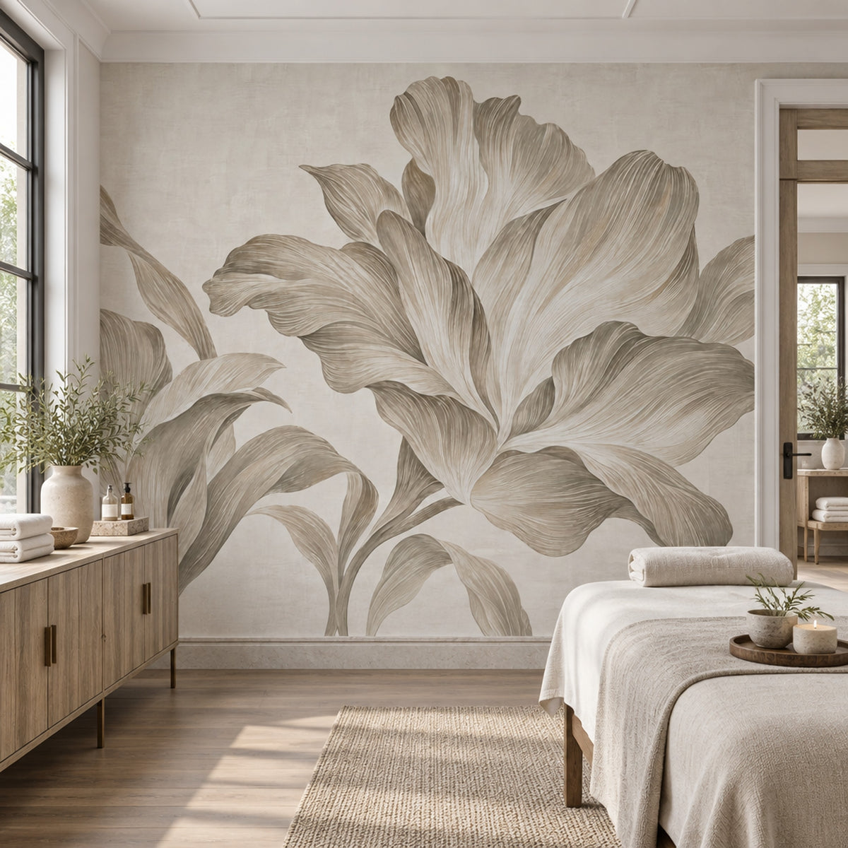 Large Lily Line Art Wallpaper Neutral Botanical Wall Mural