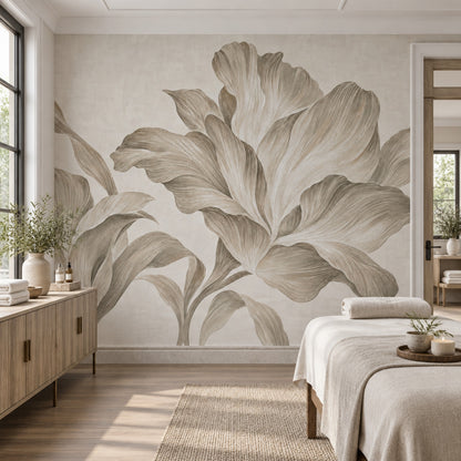 Large Lily Line Art Wallpaper Neutral Botanical Wall Mural