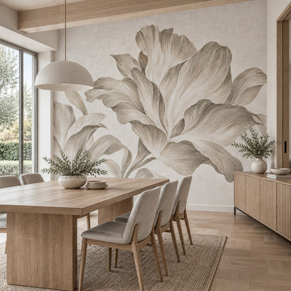 Large Lily Line Art Wallpaper Neutral Botanical Wall Mural