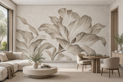 Large Lily Line Art Wallpaper Neutral Botanical Wall Mural