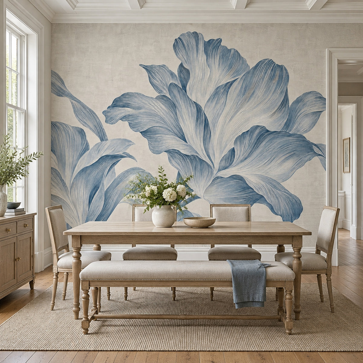 Large Blue Floral Wallpaper Textured Botanical Wall Mural