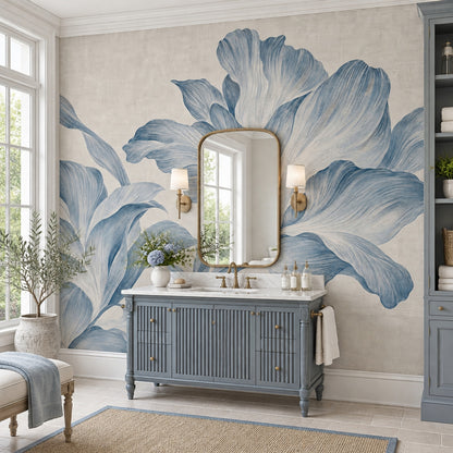 Large Blue Floral Wallpaper Textured Botanical Wall Mural