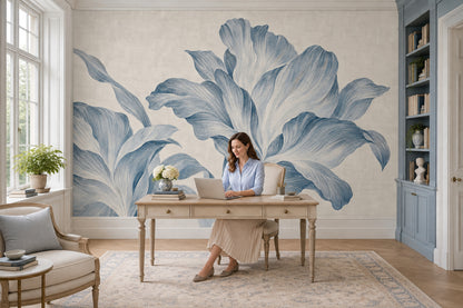 Large Blue Floral Wallpaper Textured Botanical Wall Mural