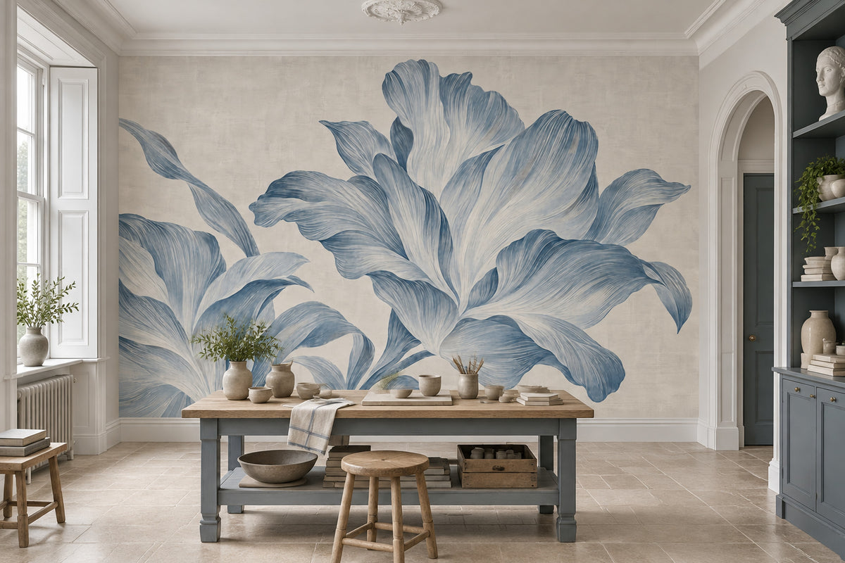 Large Blue Floral Wallpaper Textured Botanical Wall Mural