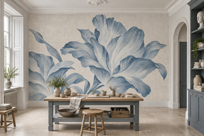 Large Blue Floral Wallpaper Textured Botanical Wall Mural