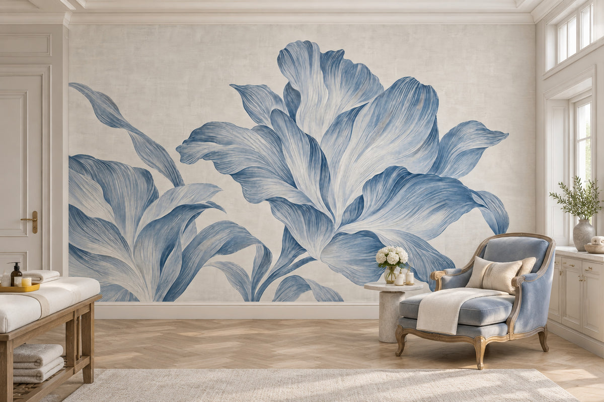 Large Blue Floral Wallpaper Textured Botanical Wall Mural