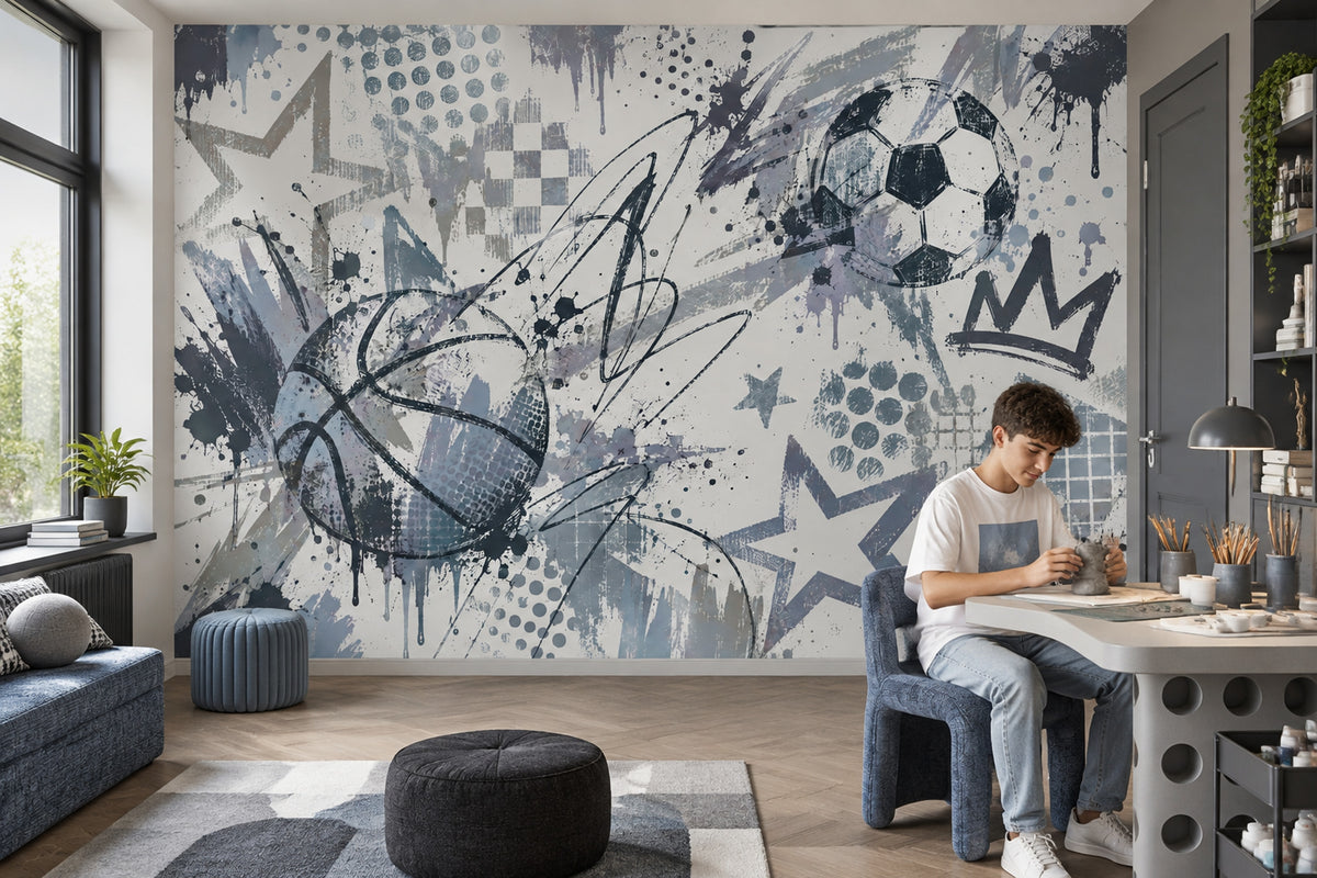 Graffiti Soccer And Basketball Wallpaper Urban Sports Wall Mural