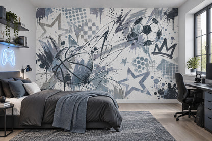 Graffiti Soccer And Basketball Wallpaper Urban Sports Wall Mural