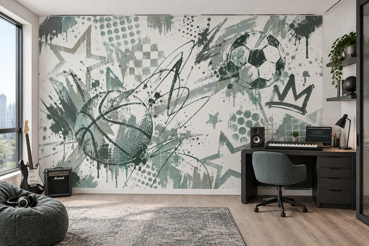 Soccer Ball And Basketball Graffiti Wallpaper Urban Sports Wall Mural