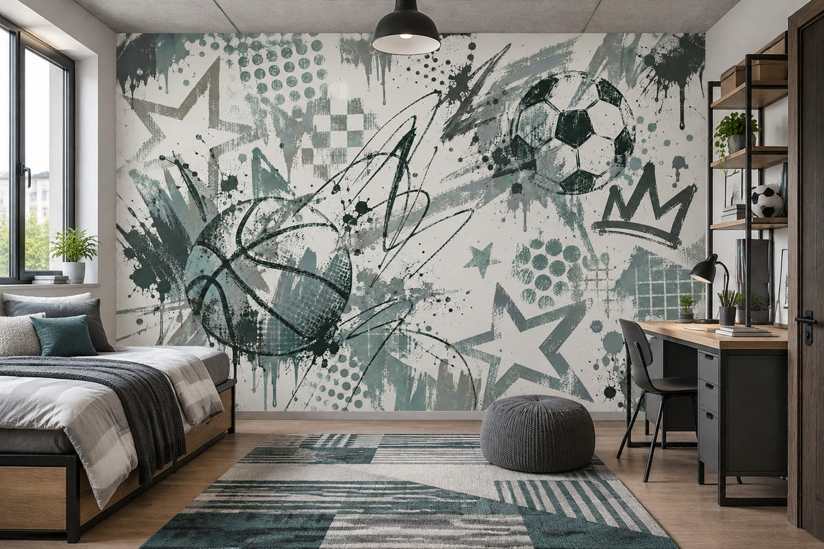 Soccer Ball And Basketball Graffiti Wallpaper Urban Sports Wall Mural