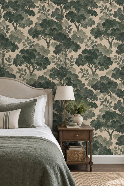 Woodland Tree Silhouette Wallpaper Forest Green Textured Botanical