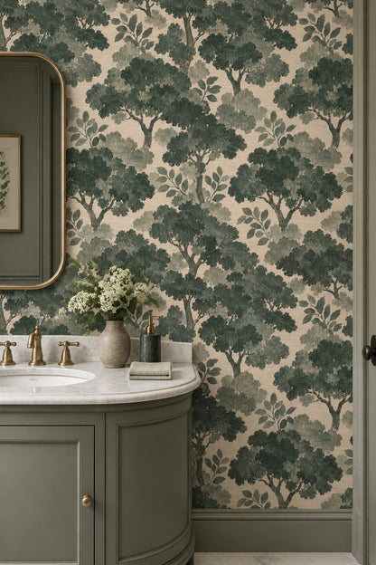 Woodland Tree Silhouette Wallpaper Forest Green Textured Botanical