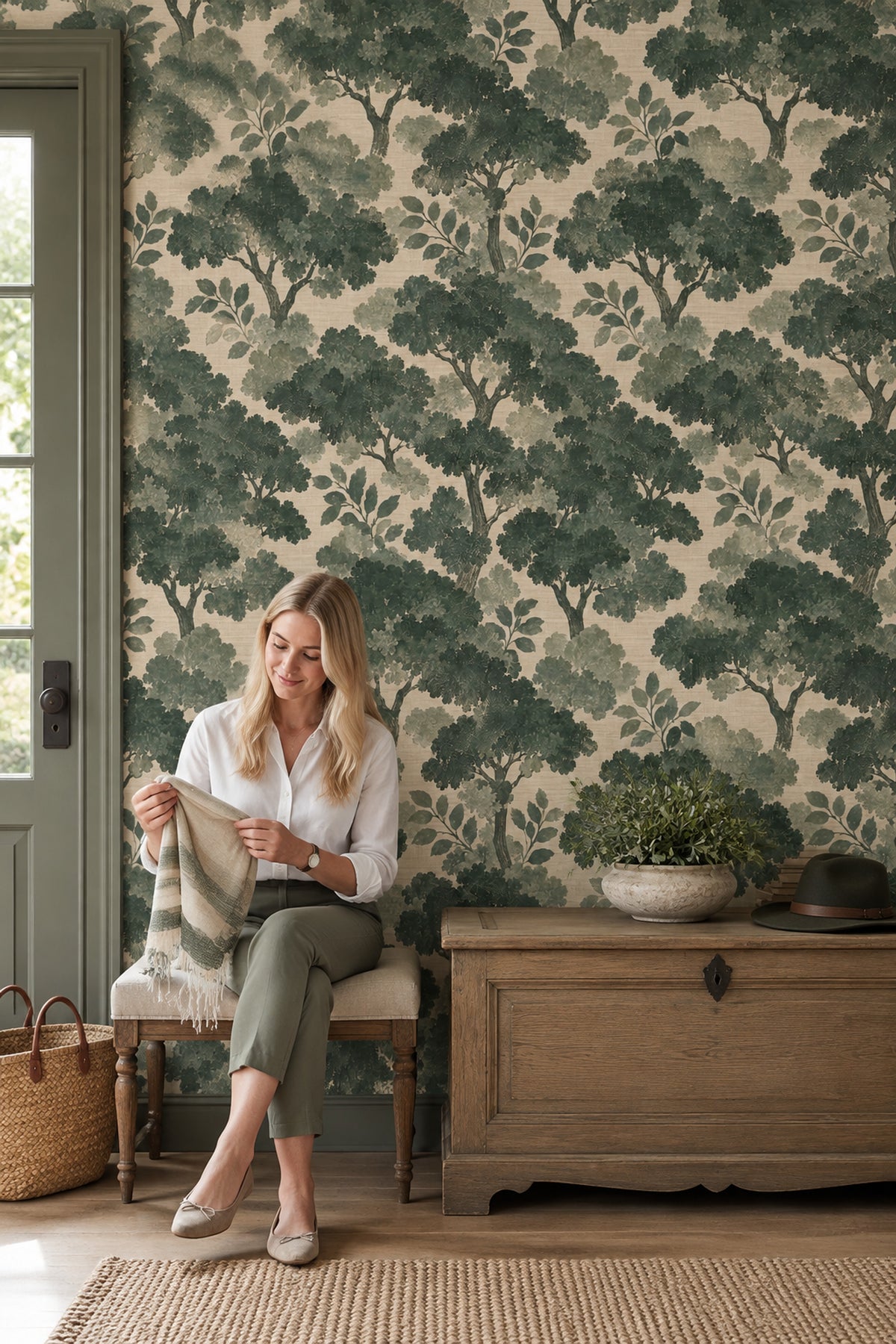Woodland Tree Silhouette Wallpaper Forest Green Textured Botanical
