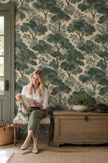 Woodland Tree Silhouette Wallpaper Forest Green Textured Botanical