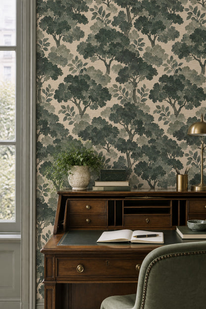 Woodland Tree Silhouette Wallpaper Forest Green Textured Botanical