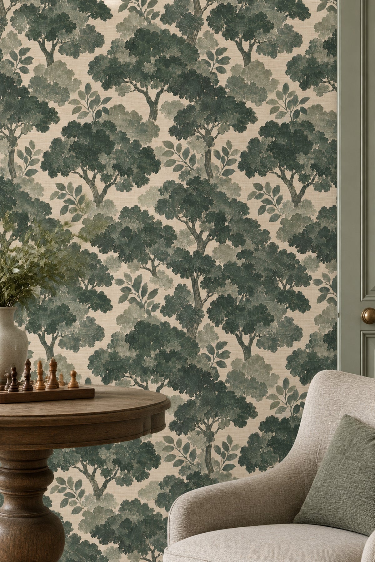 Woodland Tree Silhouette Wallpaper Forest Green Textured Botanical