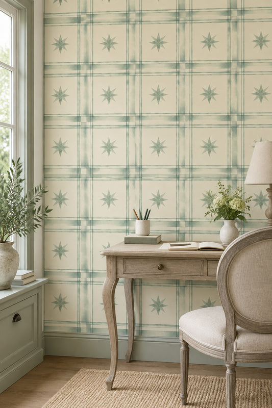 Eight Point Starburst Wallpaper Sage Green Plaid Grid