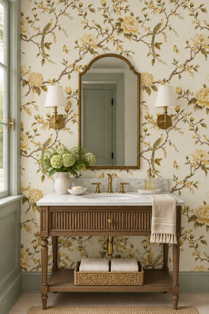 Blossoming Branches With Birds Wallpaper Ivory Chinoiserie Floral