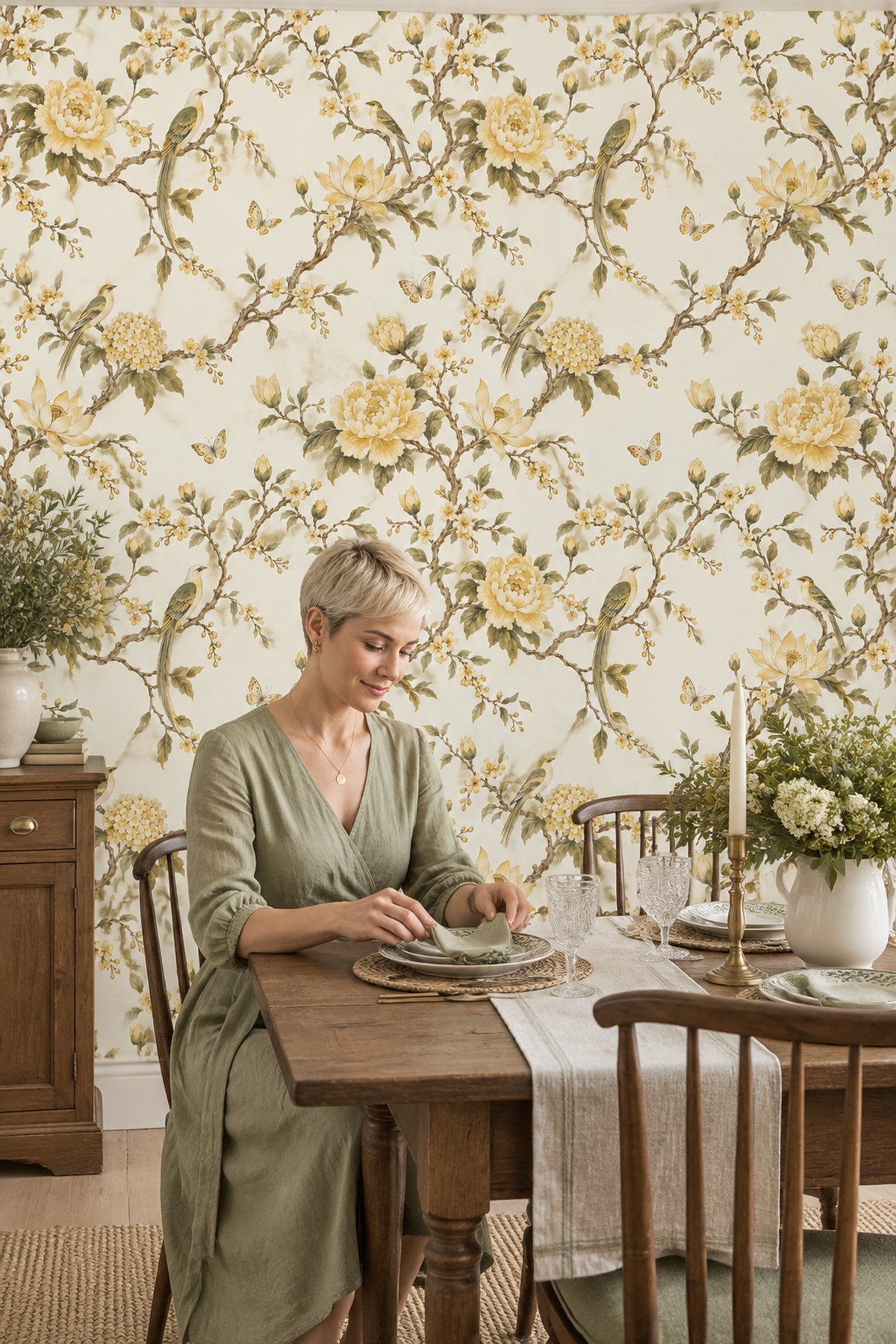 Blossoming Branches With Birds Wallpaper Ivory Chinoiserie Floral