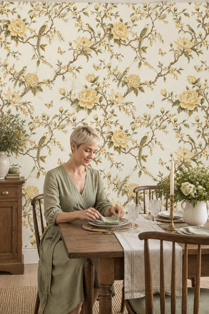 Blossoming Branches With Birds Wallpaper Ivory Chinoiserie Floral