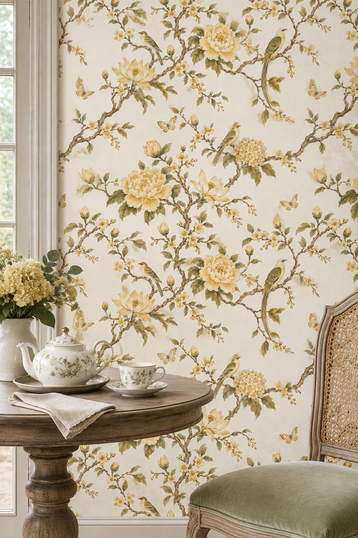 Blossoming Branches With Birds Wallpaper Ivory Chinoiserie Floral