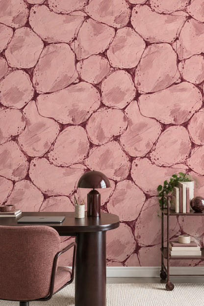 Organic Cellular Shapes Wallpaper Pink Burgundy Brush Strokes